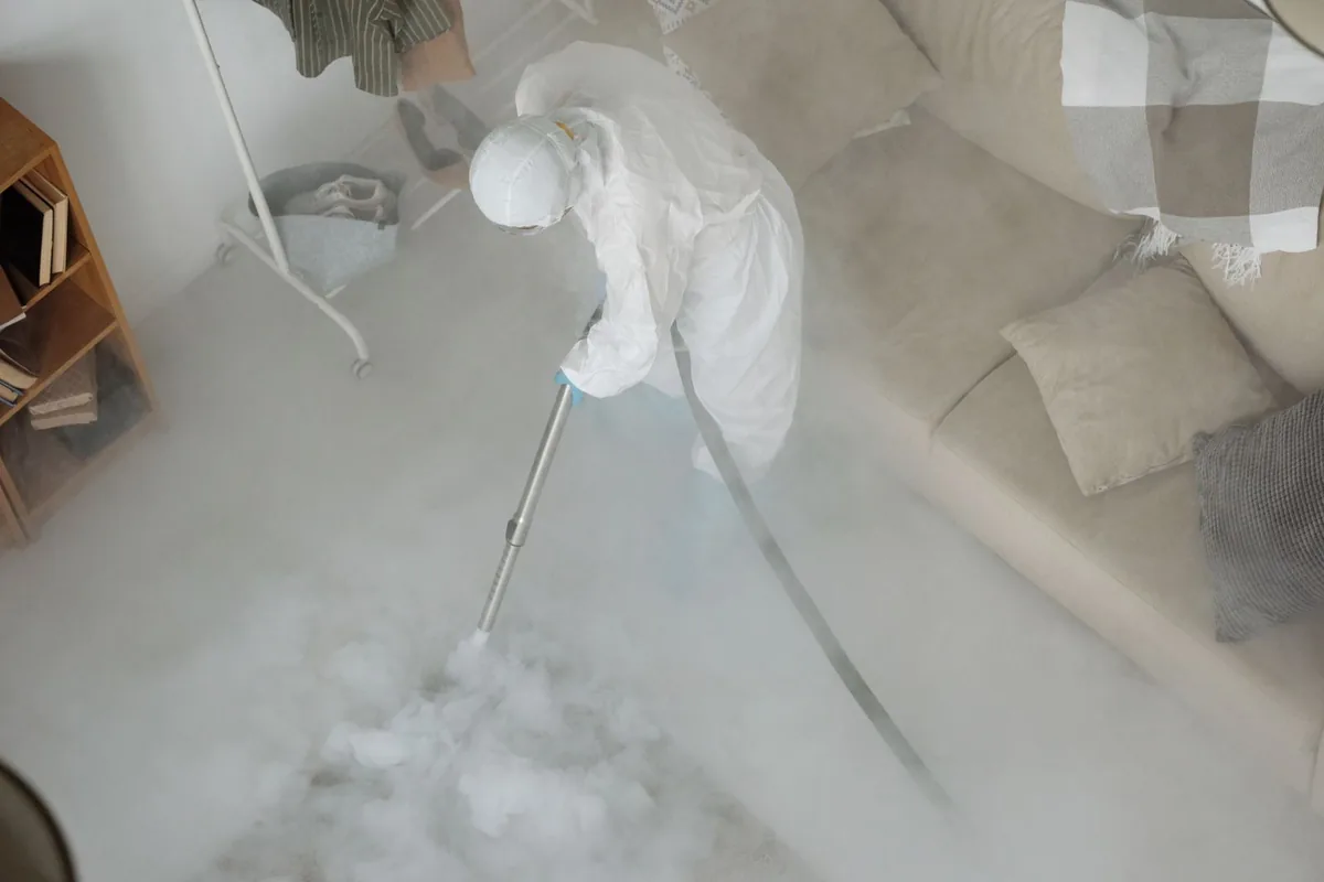 Biohazard cleanup technician in protective equipment, Mountain House, CA